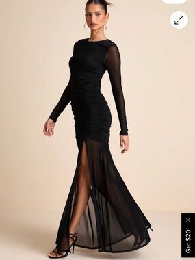 Lulu's Black Long-Sleeve Mesh Ruched Maxi Dress